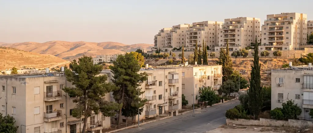 Low 1960s apartment blocks and pine trees in old Beit Shemesh