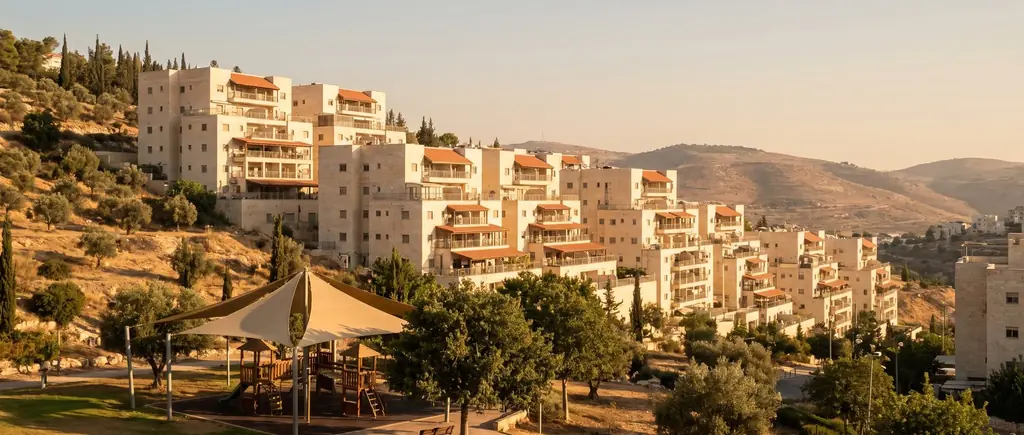 Stone apartment blocks with wide balconies on a Ramat Beit Shemesh hillside