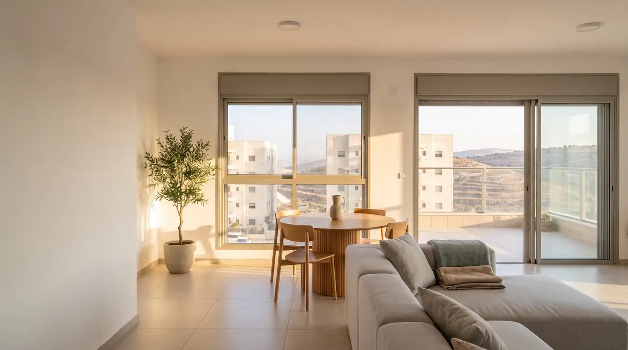 Open-plan living room with a hills view (illustration)