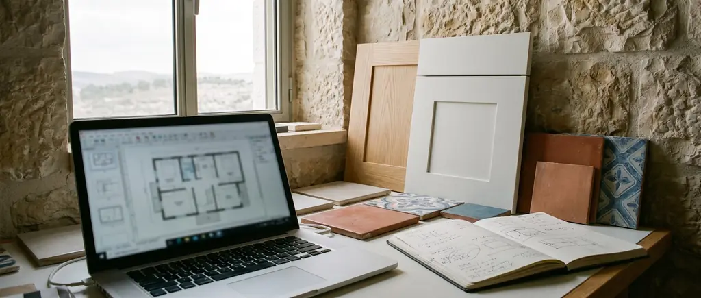 A designer's table with material samples and drawings