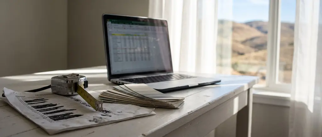A checklist, a laptop and a tape measure on a desk by a window